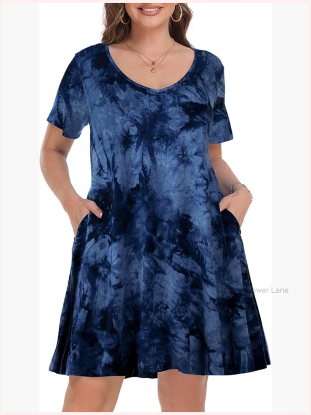 Plus Size V-Neck Short Sleeve A-Line Midi Sundress with Pockets